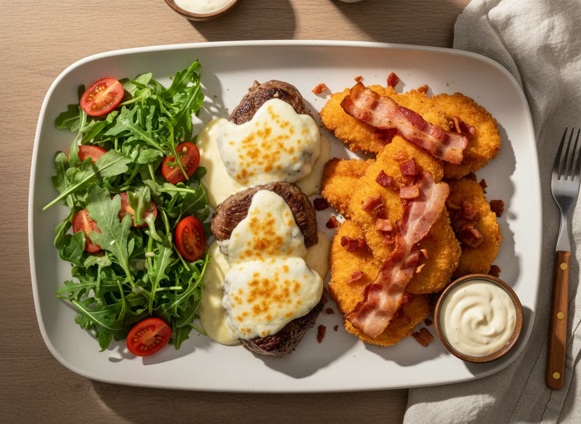 Filé mignon com queijo e frango à milanesa com bacon photo