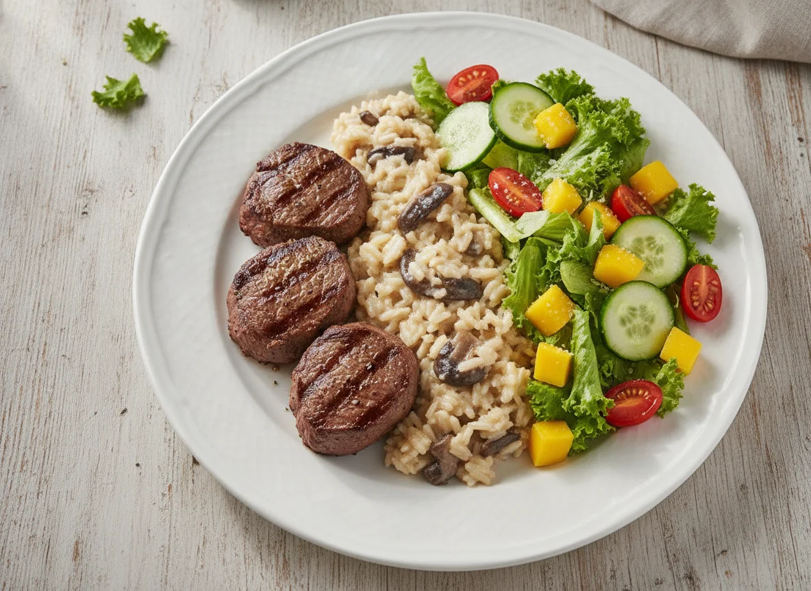 Filé Mignon com Risoto e Salada Tropical photo