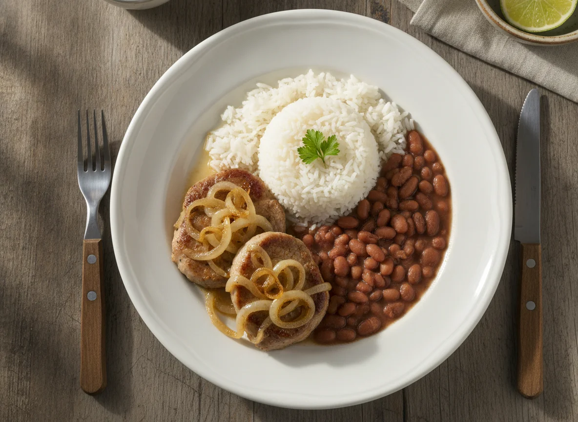 Filé mignon suíno acebolado, arroz e feijão carioca photo