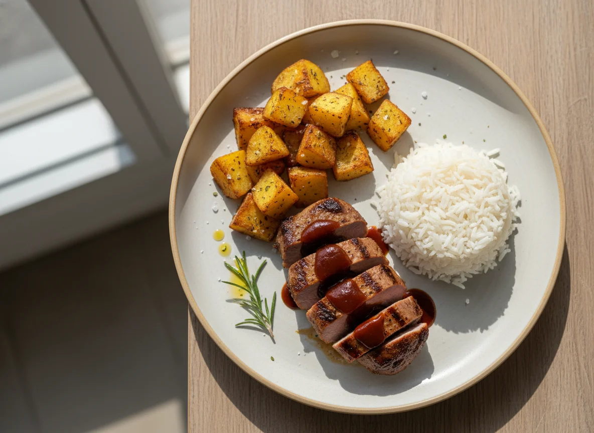 Filé mignon suíno com arroz e batata rústica photo
