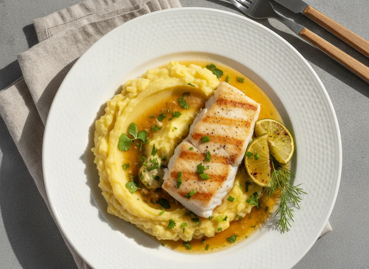 Filete de peixe com puré de batata photo