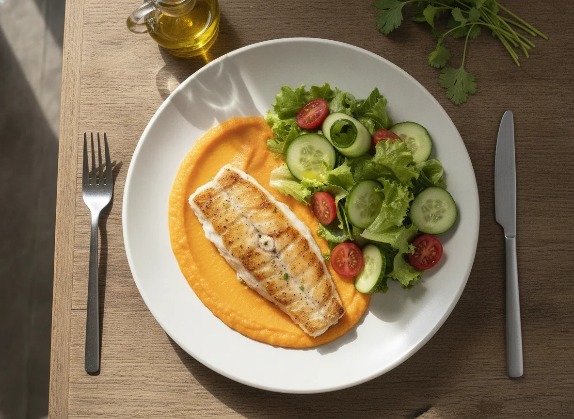 Filete de peixe com puré de cenoura e salada mista photo