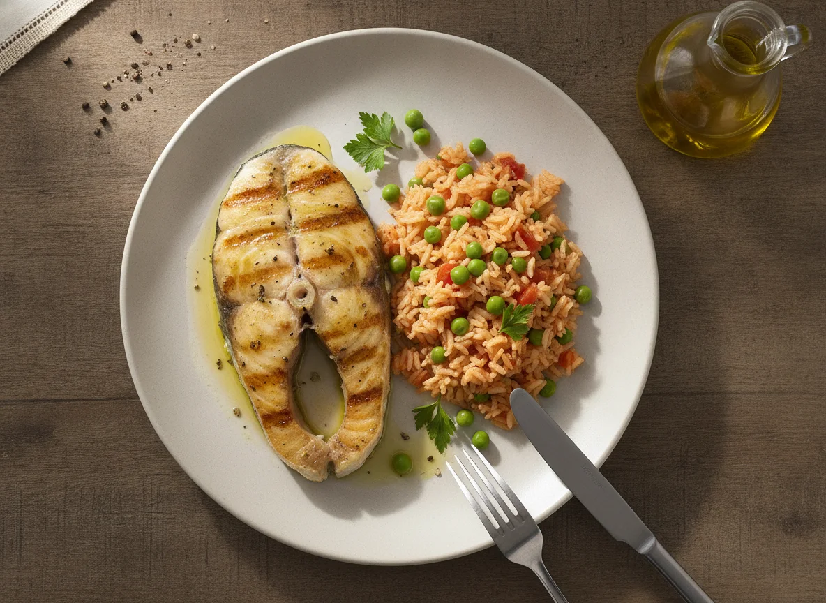 Filete de peixe grelhado com arroz de ervilhas photo