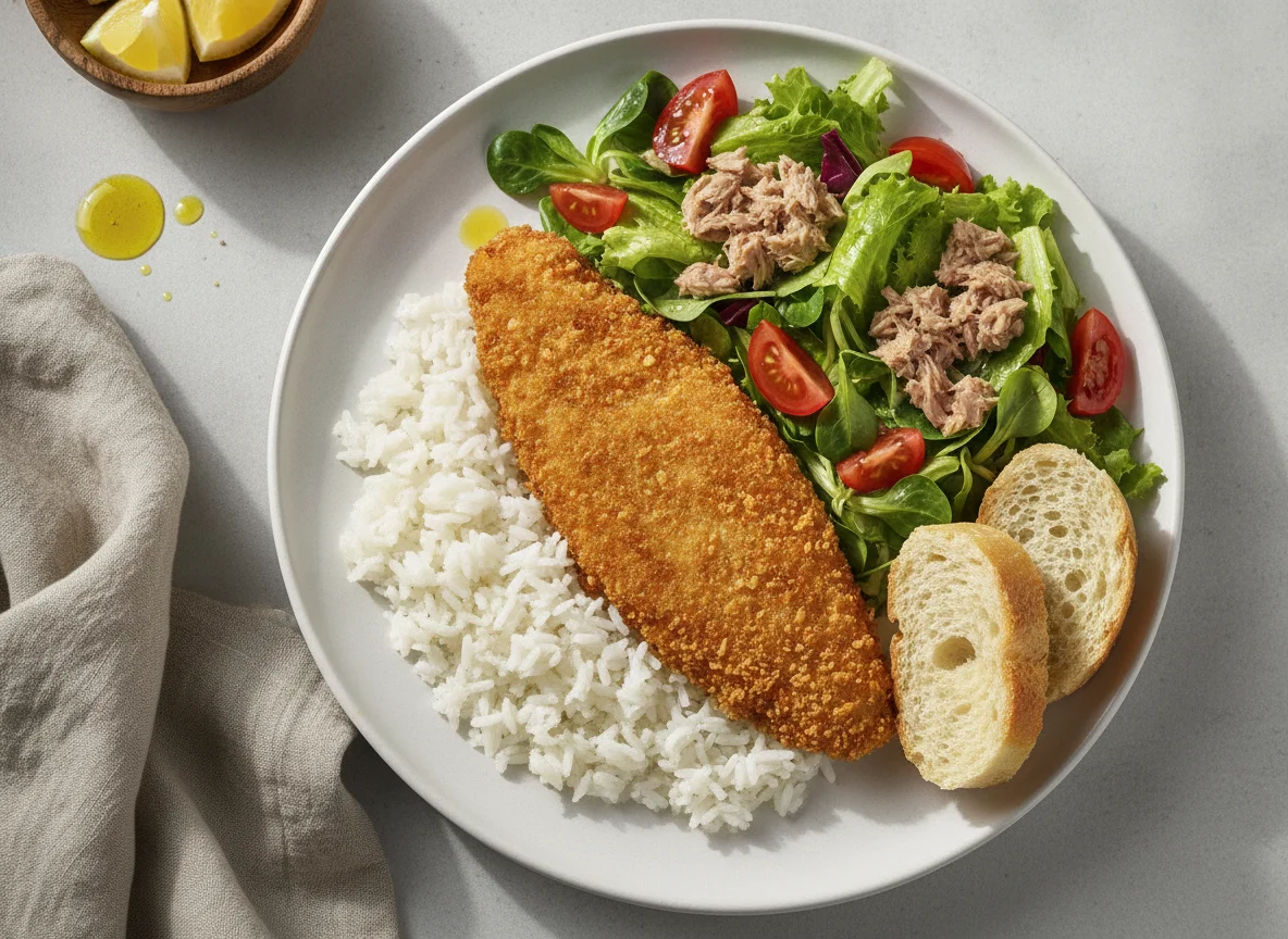 Filete de peixe panado com arroz e salada de atum photo