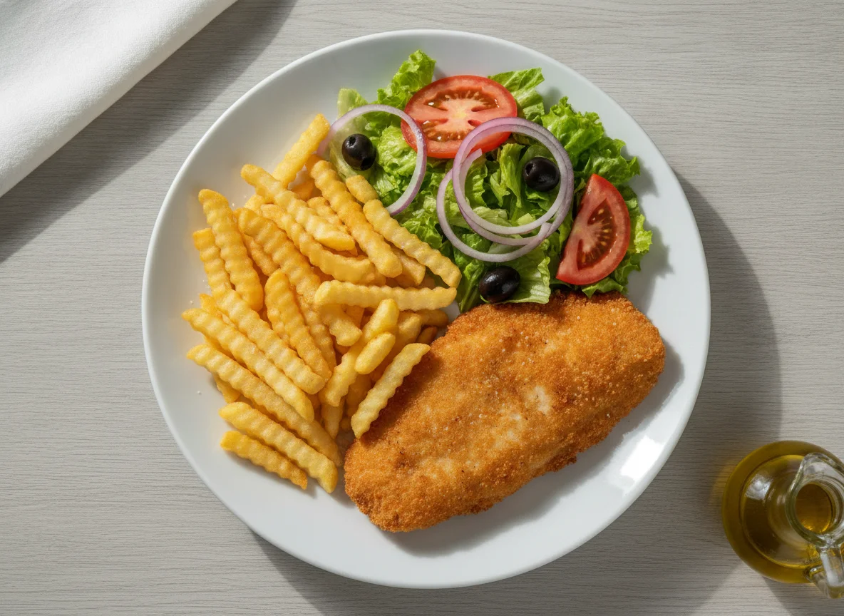 Filete de peixe panado com batatas fritas e salada mista photo