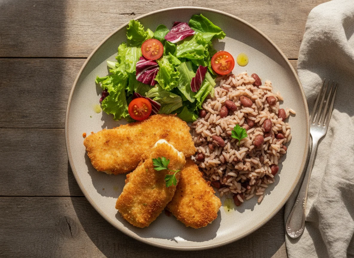 Filetes de peixe panados com arroz de feijão e salada mista photo