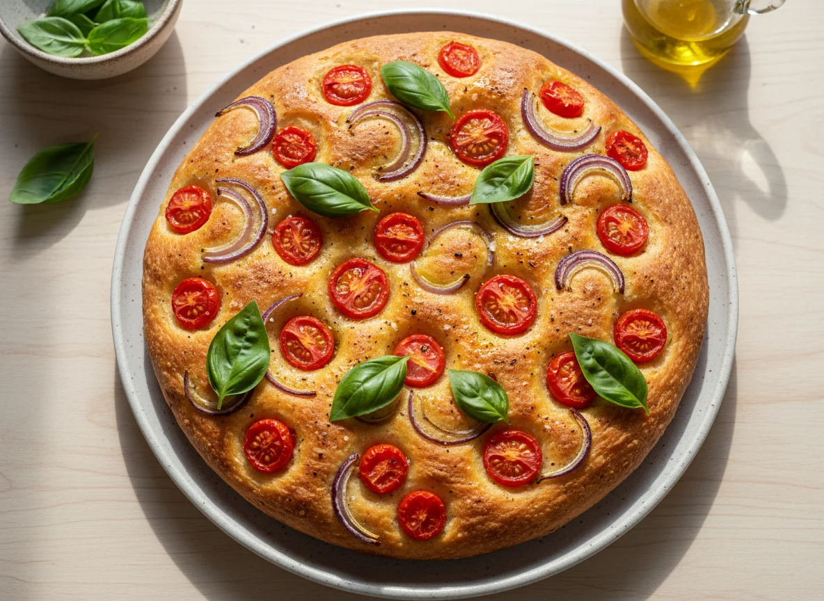 Focaccia com tomate, cebola e manjericão photo