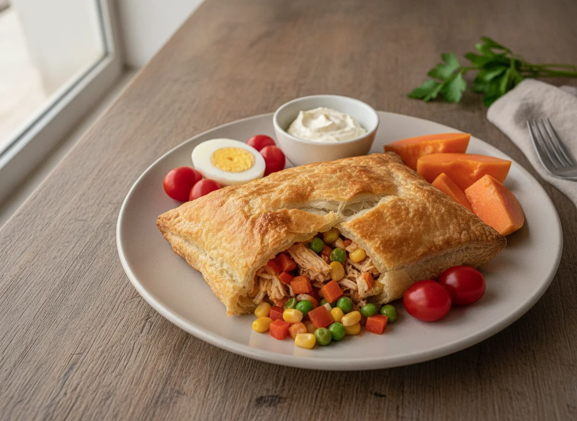 Folhado de frango e legumes com acompanhamentos photo