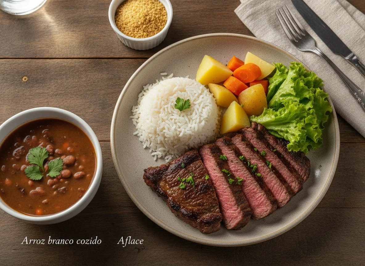 Fraldinha assada com arroz, feijão e legumes photo