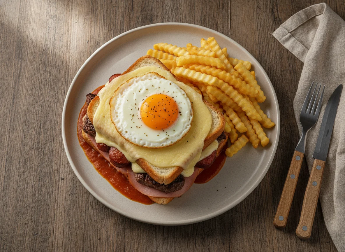 Francesinha com Batata Frita e Ovo photo