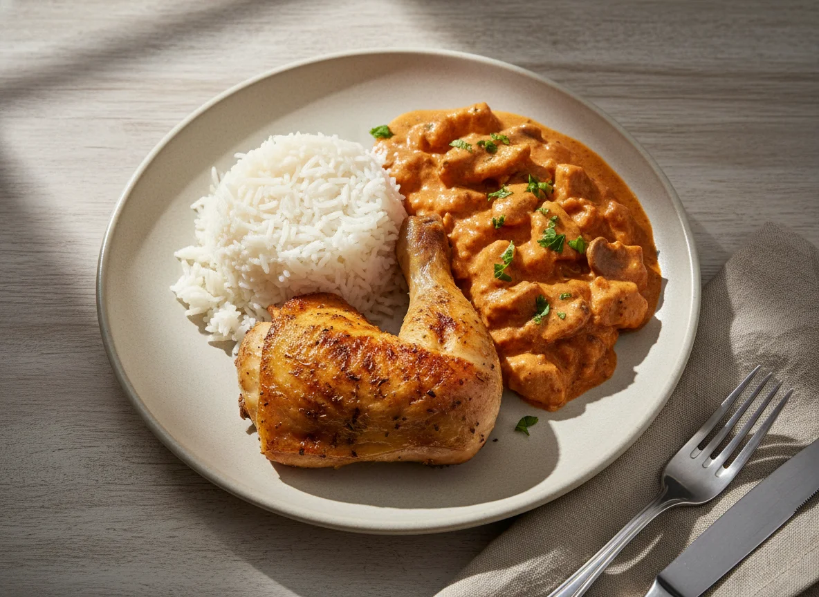 Frango à Kiev com Arroz e Estrogonofe de Frango photo