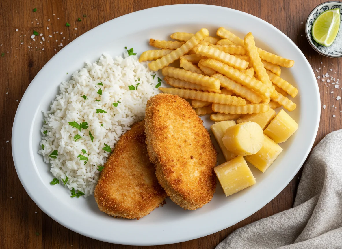 Frango à milanesa com arroz, batata frita e mandioca photo