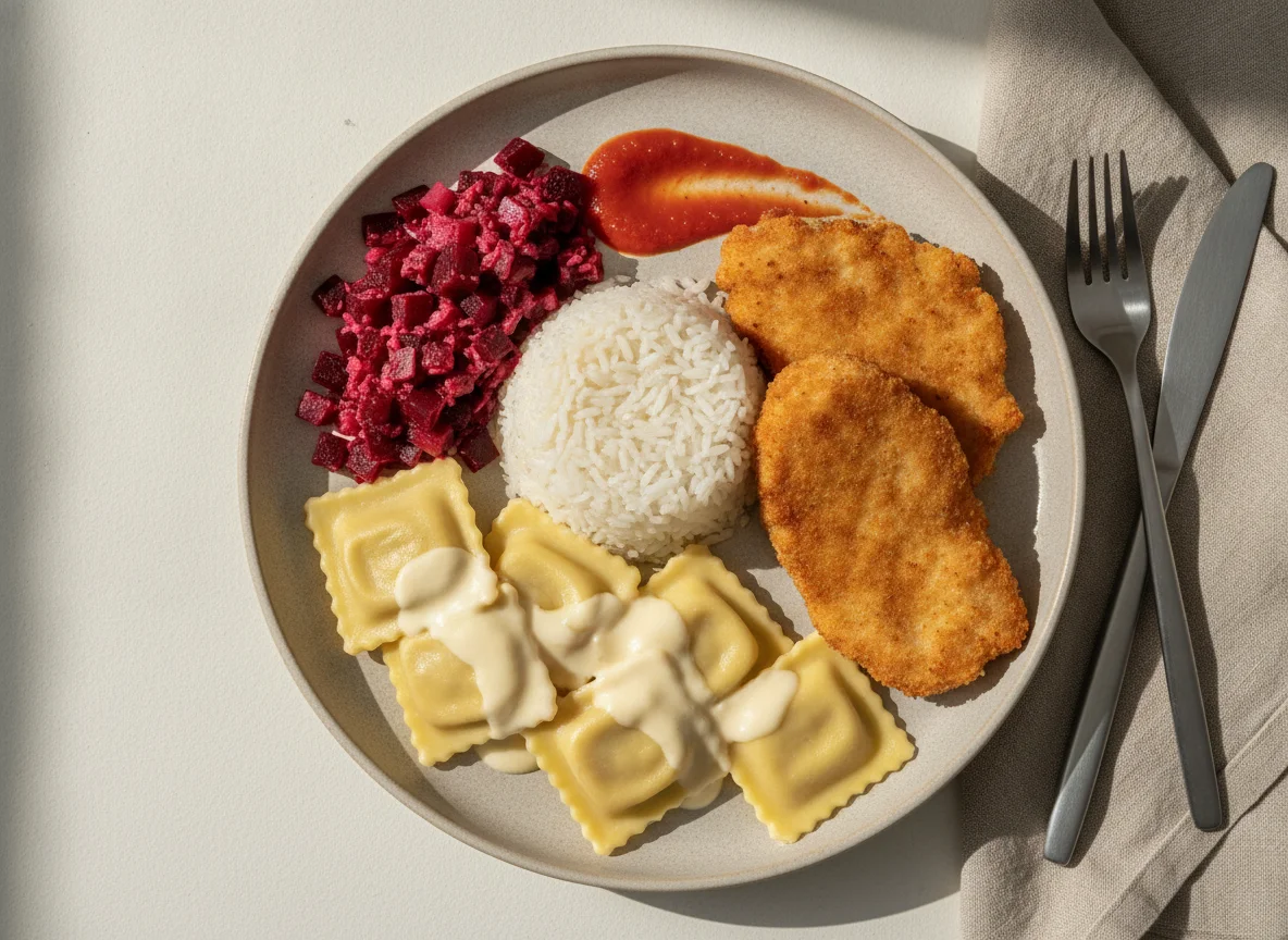 Frango à Milanesa com Arroz, Beterraba e Ravioli photo