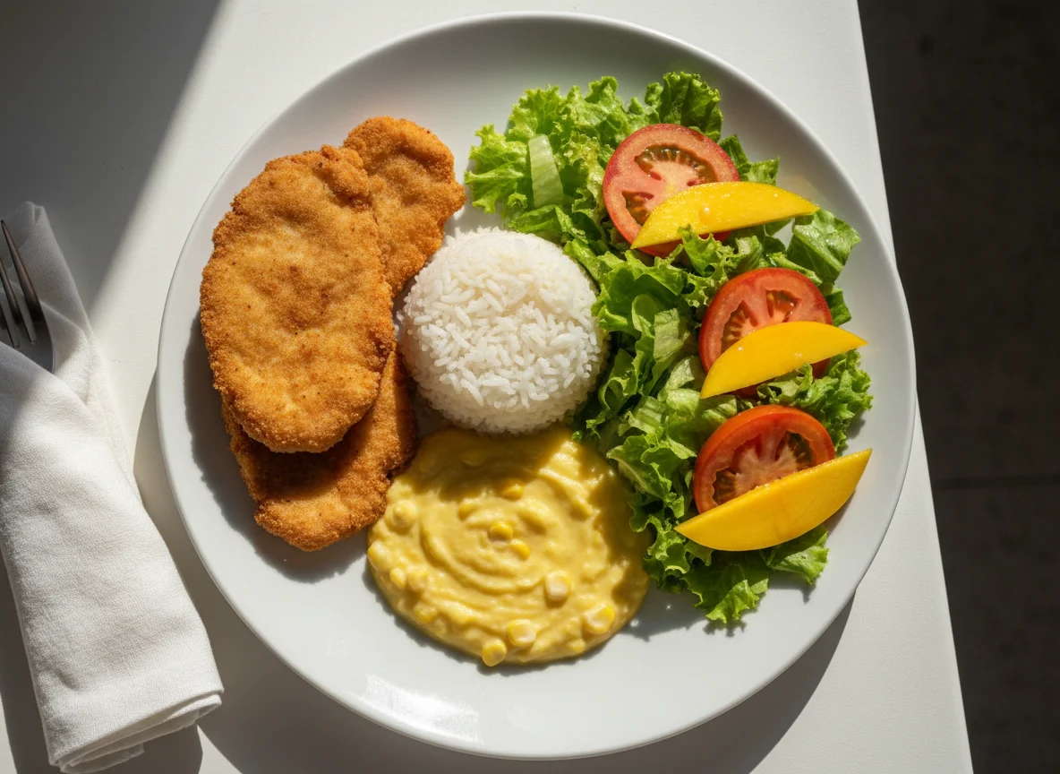 Frango à milanesa com arroz, creme de milho e salada photo