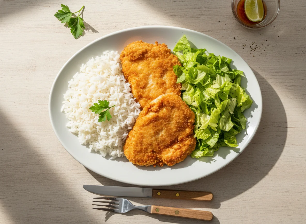 Frango à milanesa com arroz e alface photo