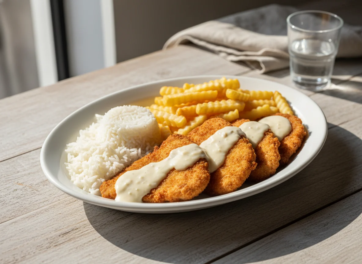 Frango à milanesa com arroz e batata frita photo