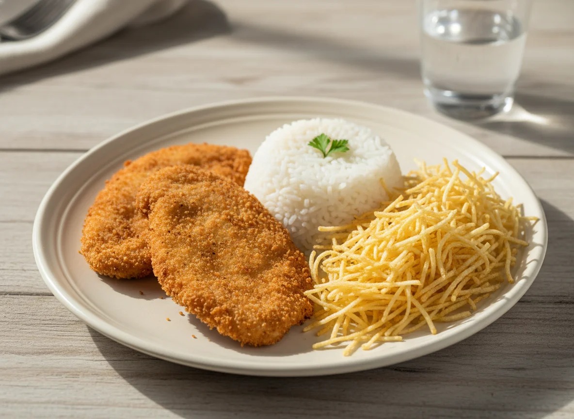Frango à milanesa com arroz e batata palha photo