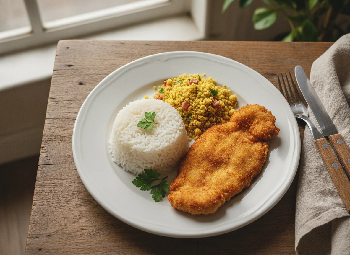 Frango à milanesa com arroz e farofa photo
