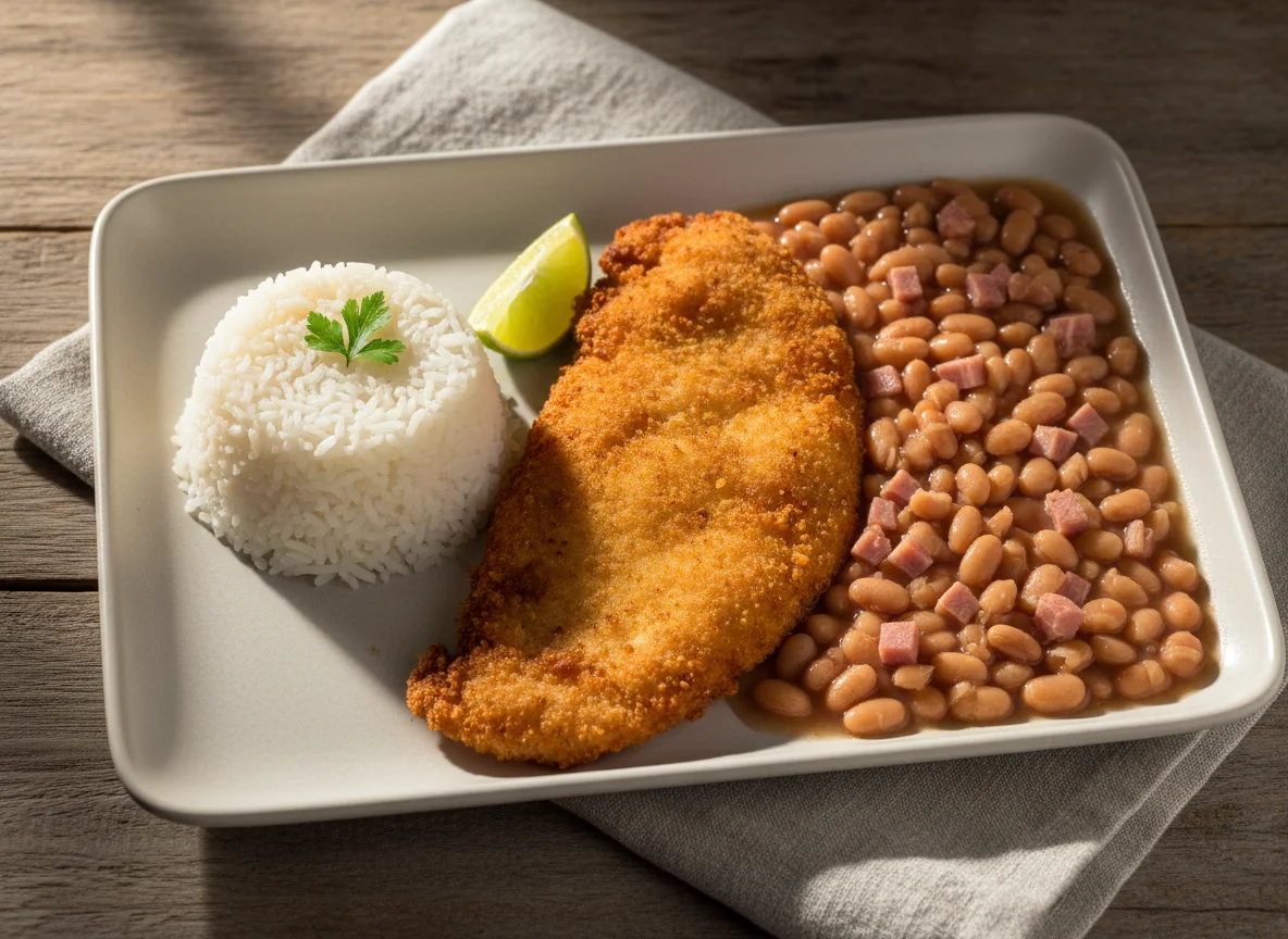 Frango à milanesa com arroz e feijão photo