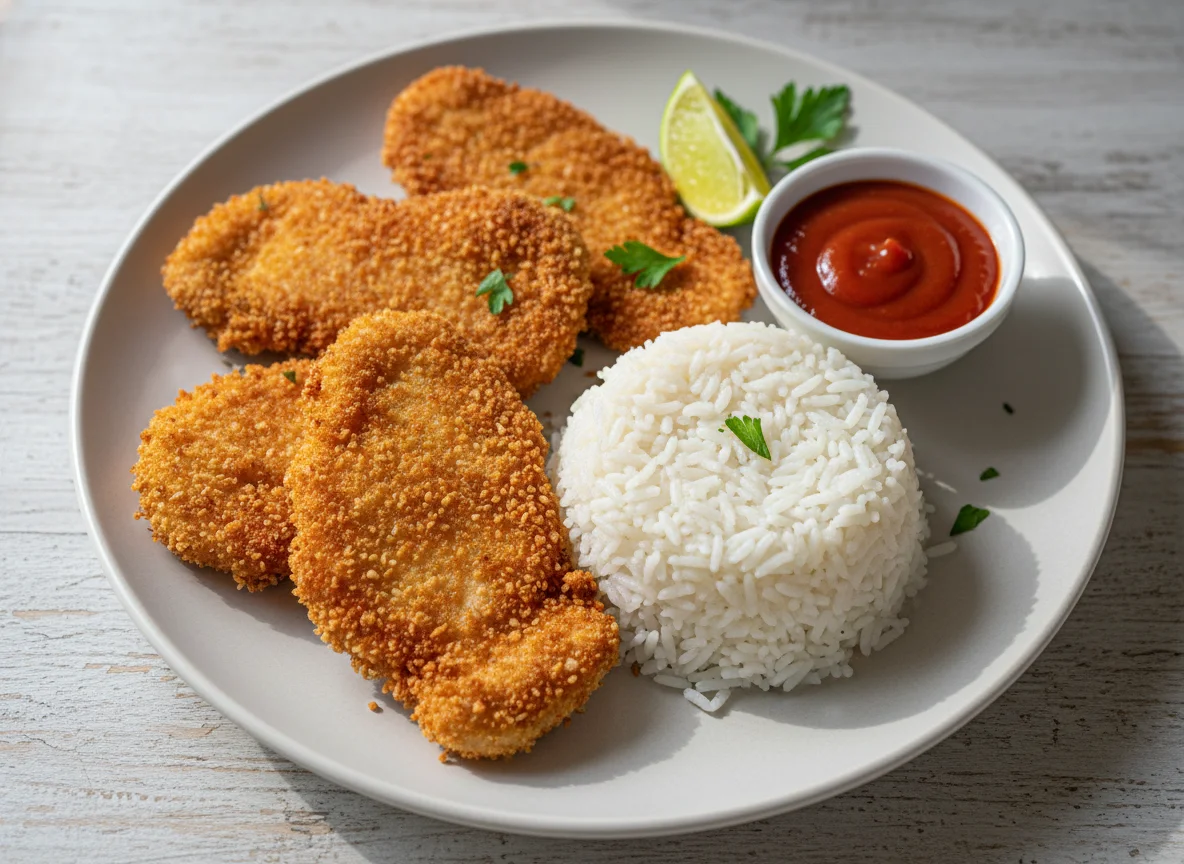 Frango à milanesa com arroz e molho photo
