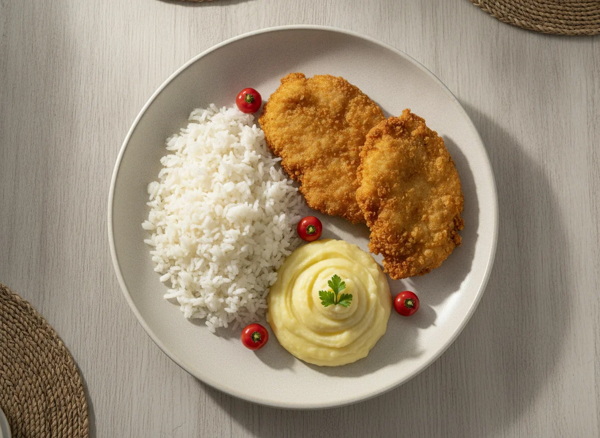 Frango à milanesa com arroz e purê de batata photo