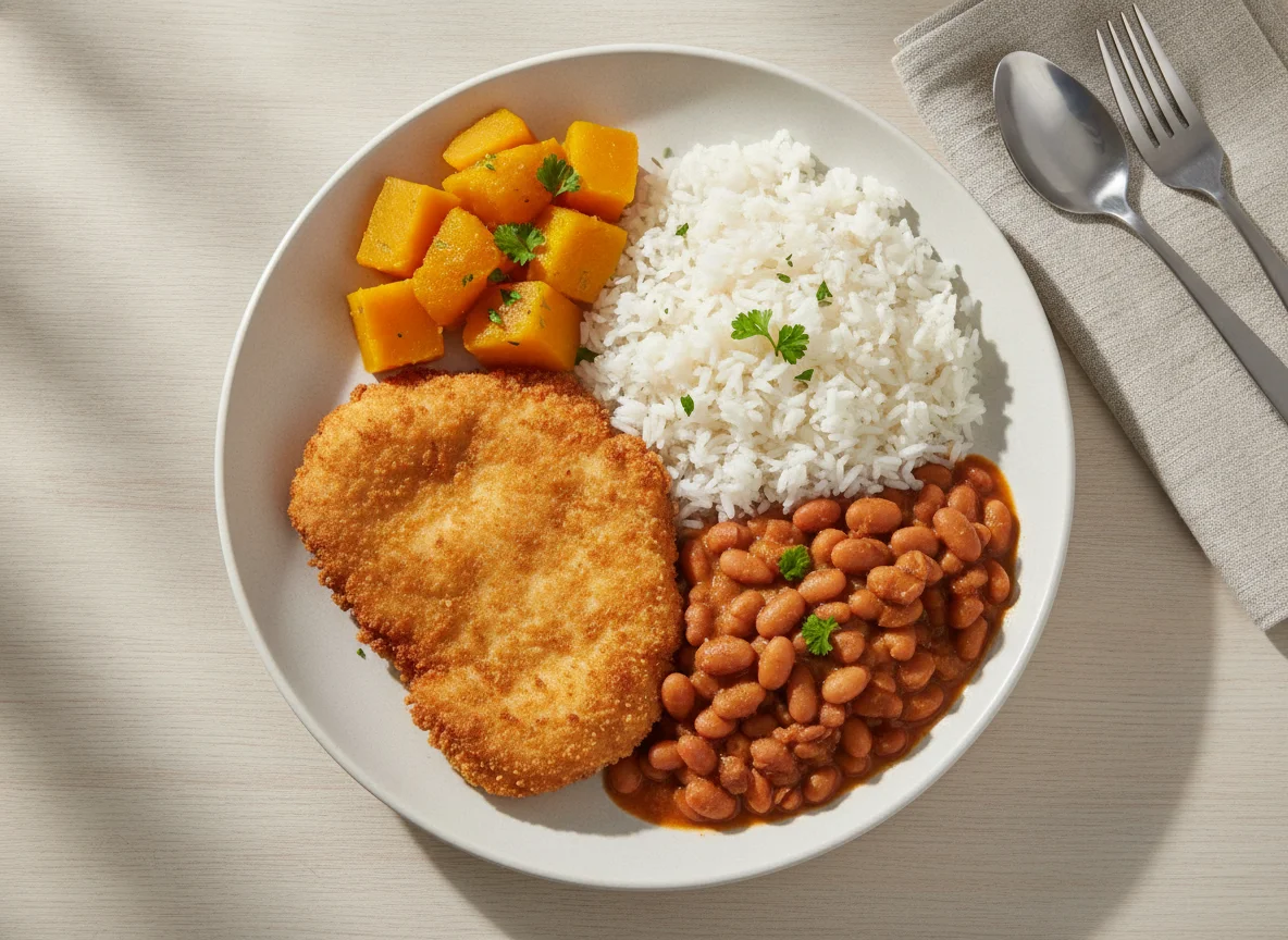 Frango à milanesa com arroz, feijão e abóbora photo