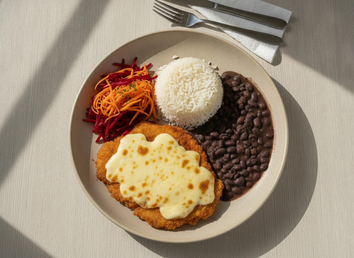 Frango a milanesa com arroz, feijão e salada de cenoura e beterraba photo