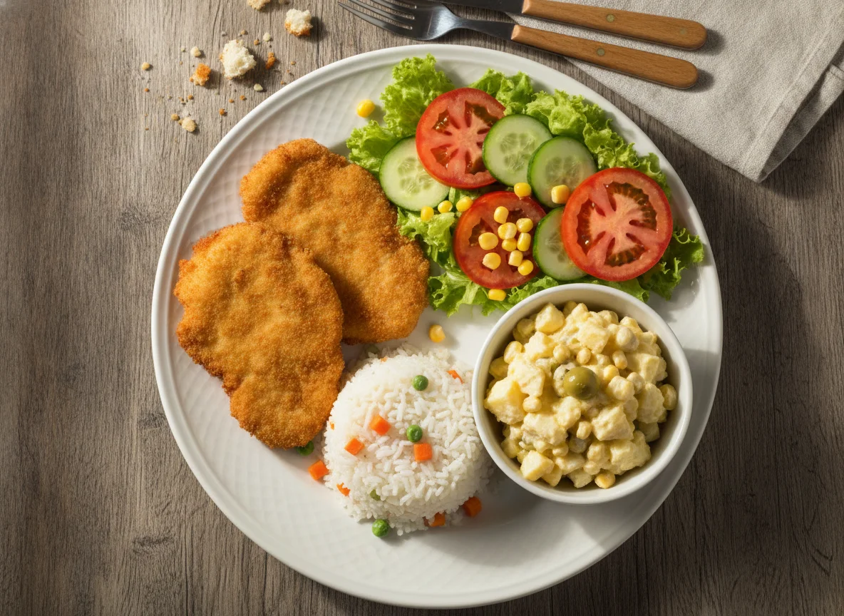 Frango à milanesa com arroz, salada de maionese e salada verde photo