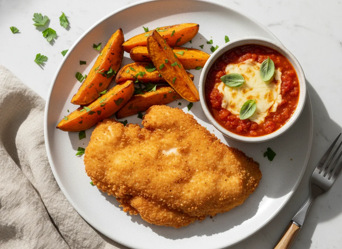 Frango à milanesa com batata doce e molho photo