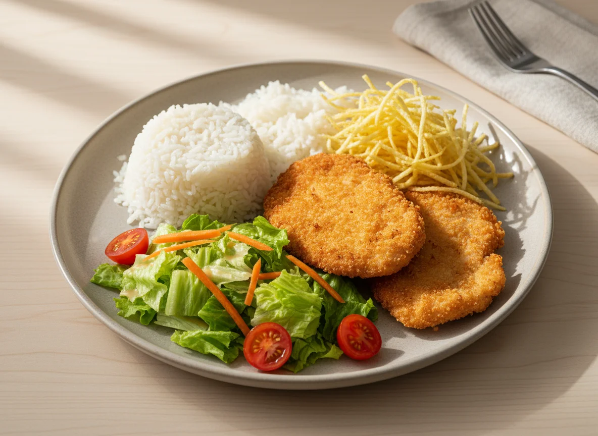 Frango à Milanesa com Batata Palha, Arroz e Salada photo