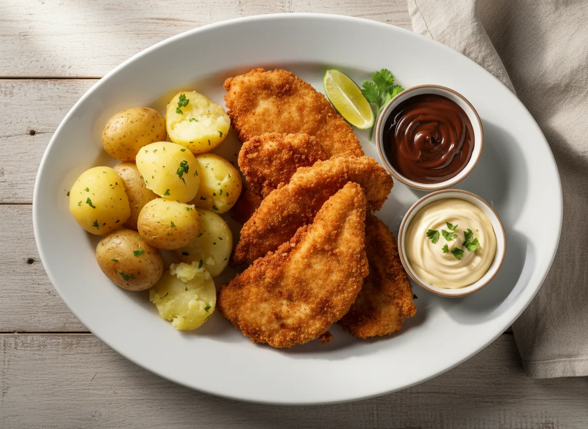 Frango à milanesa com batatas e molhos photo