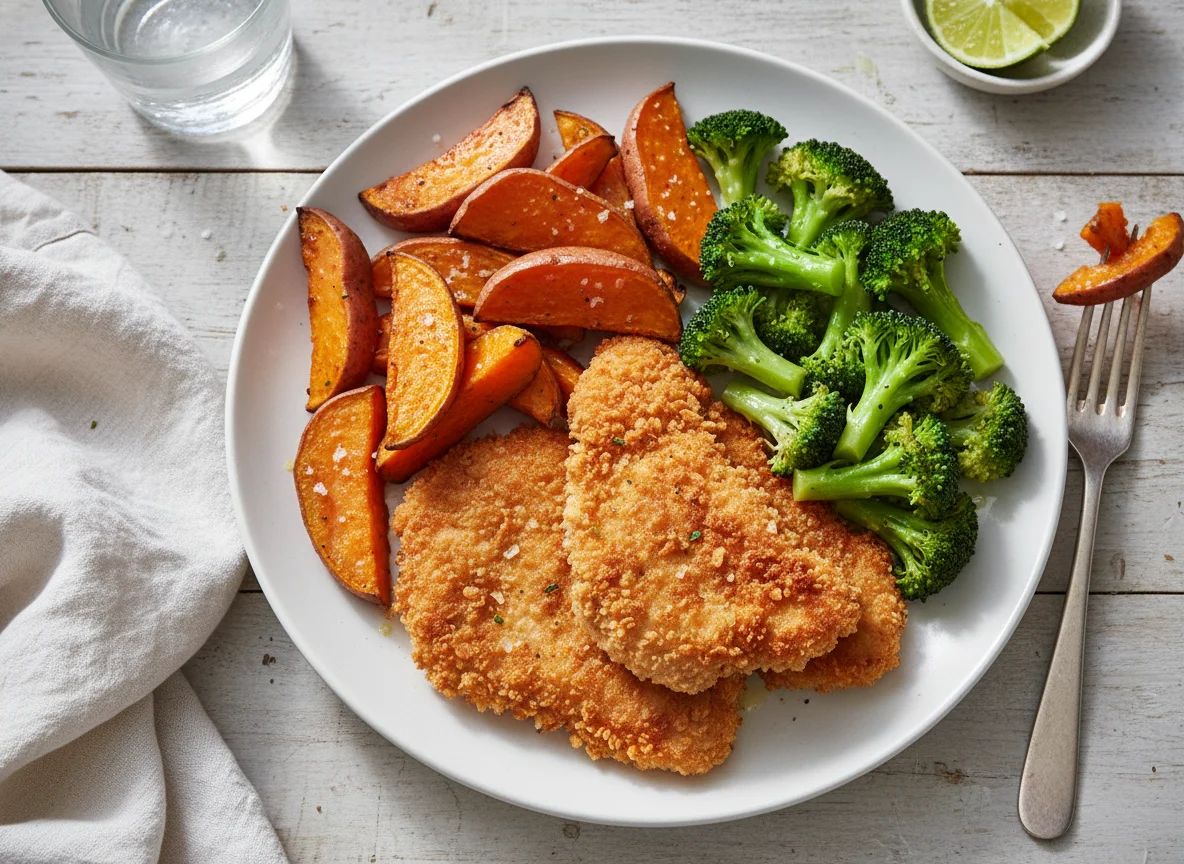 Frango à milanesa com brócolis e batata doce photo