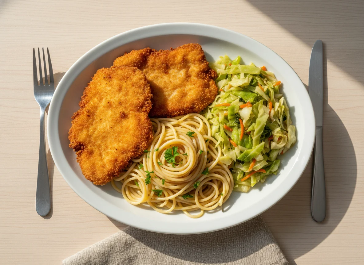 Frango à milanesa com macarrão e repolho refogado photo