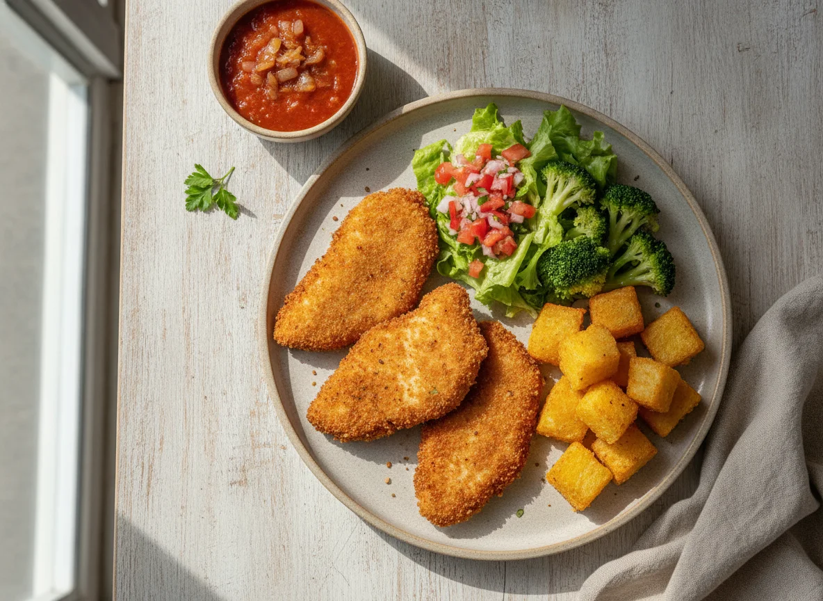 Frango à milanesa com polenta frita e salada photo