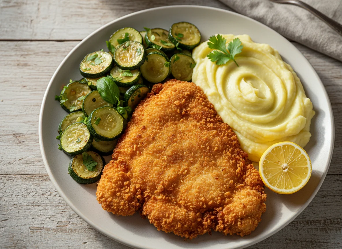 Frango à milanesa com purê de batata e abobrinha refogada photo