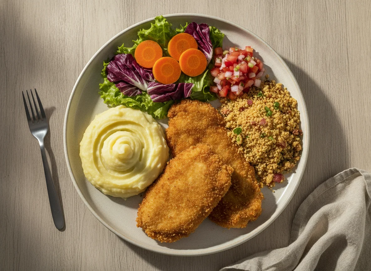 Frango à milanesa com purê de batata, farofa e salada photo