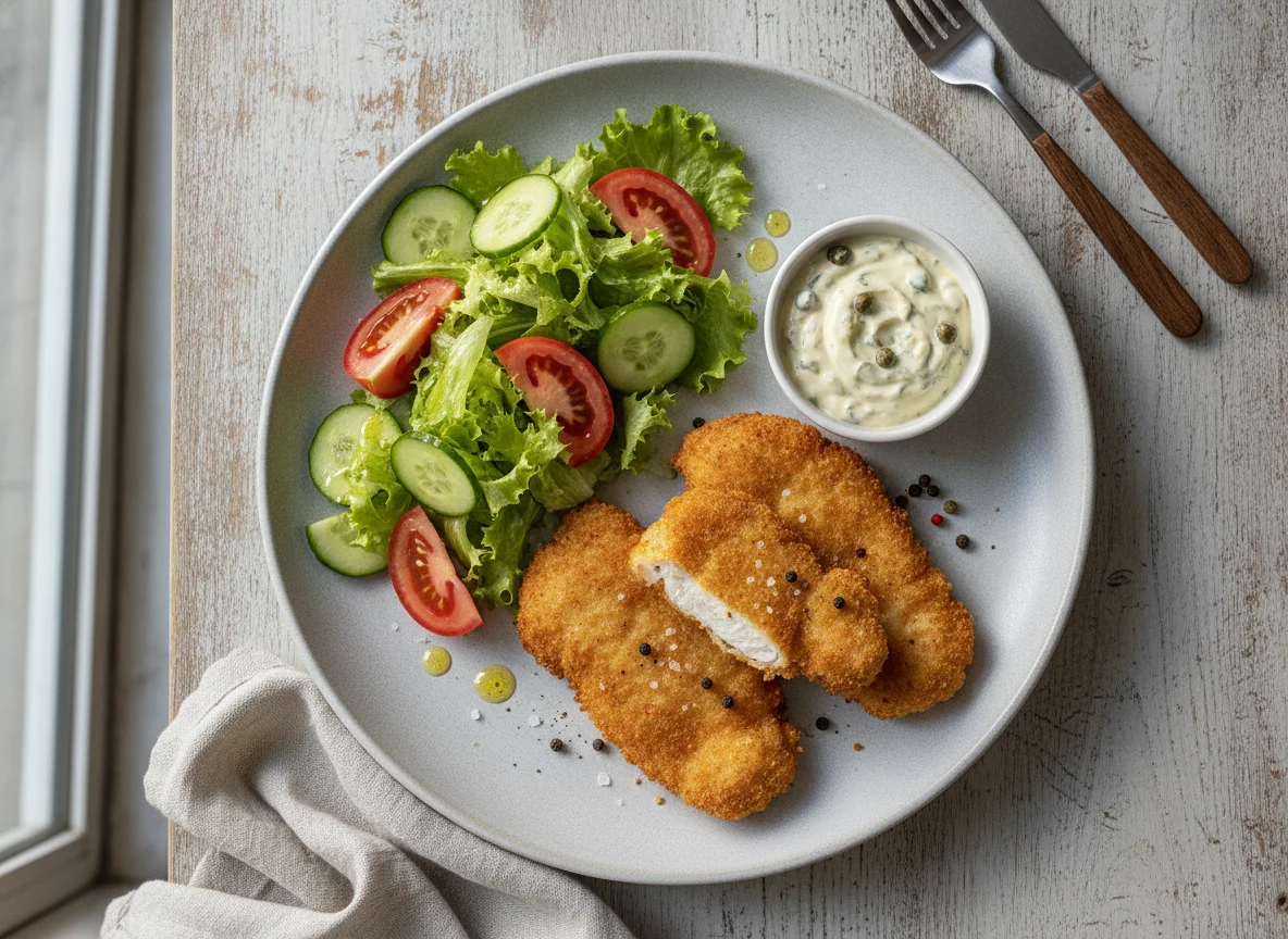 Frango à milanesa com salada e molho tártaro photo