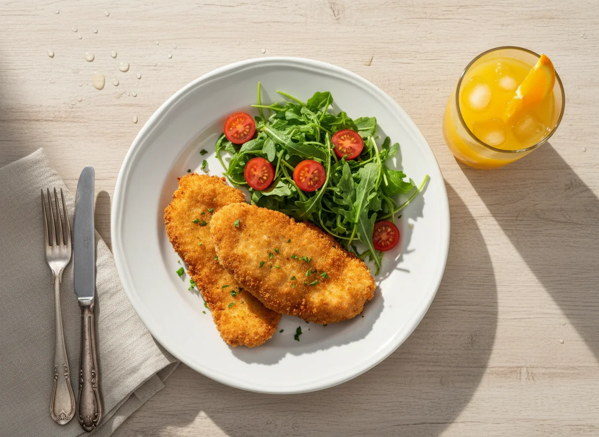Frango à milanesa com salada e suco de laranja photo