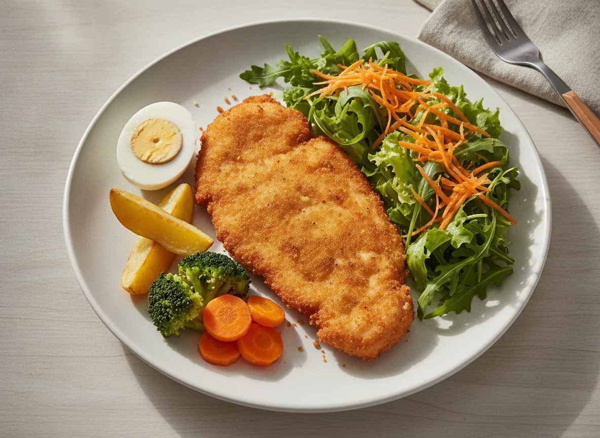 Frango à milanesa com salada, ovos e legumes photo