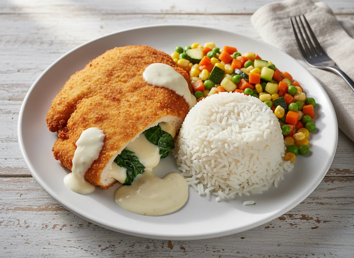 Frango à milanesa recheado com arroz e legumes salteados photo