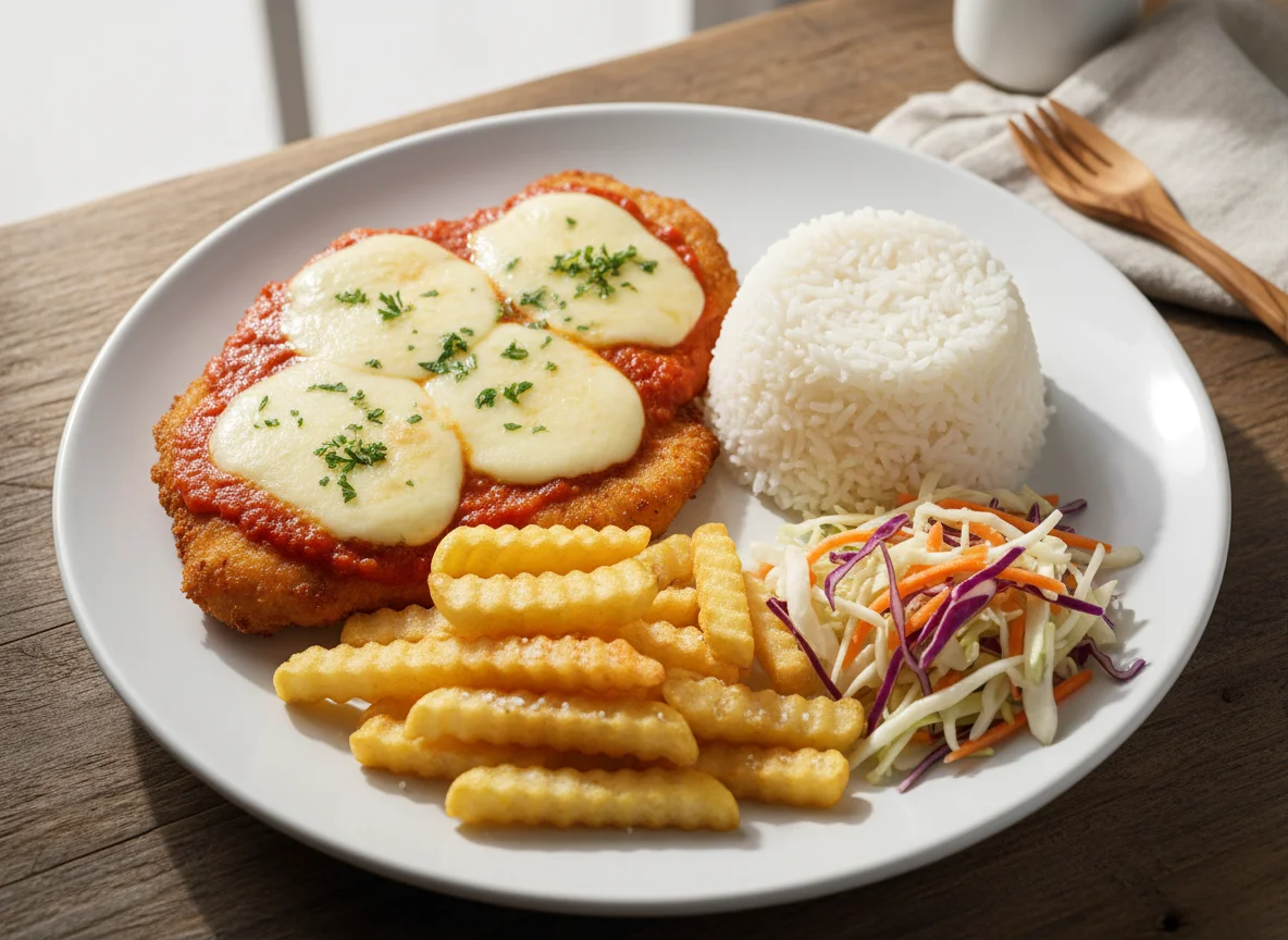 Frango à Parmegiana com Arroz, Batata Frita e Salada photo