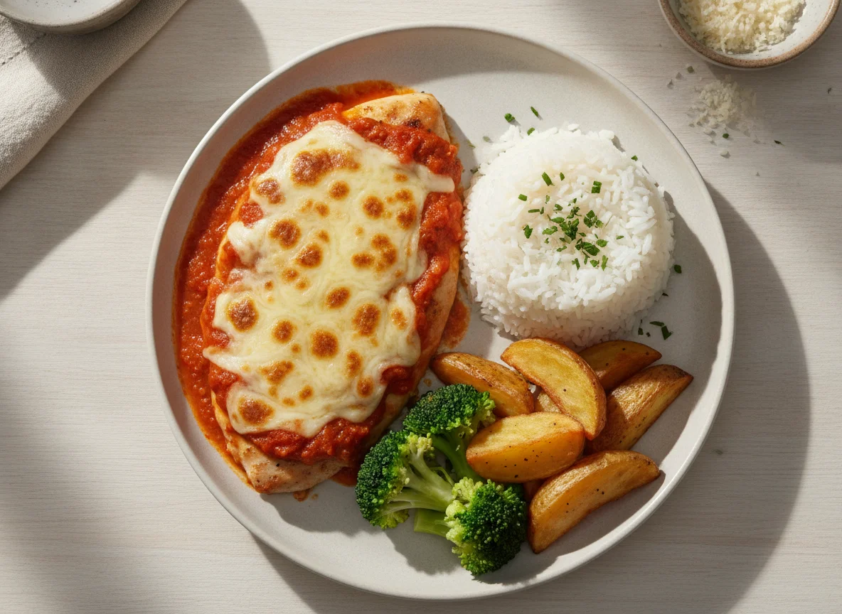Frango à parmegiana com arroz, batatas e brócolis photo