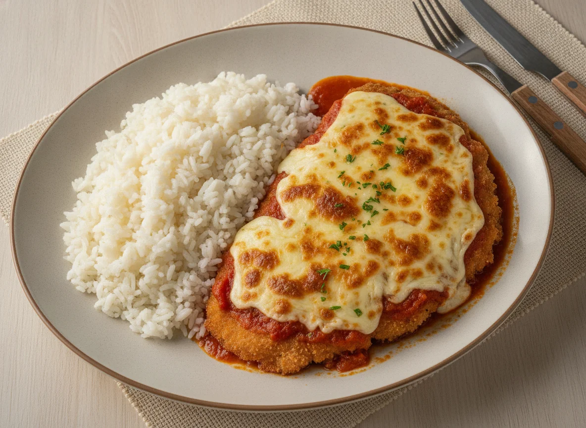 Frango à parmegiana com arroz branco photo