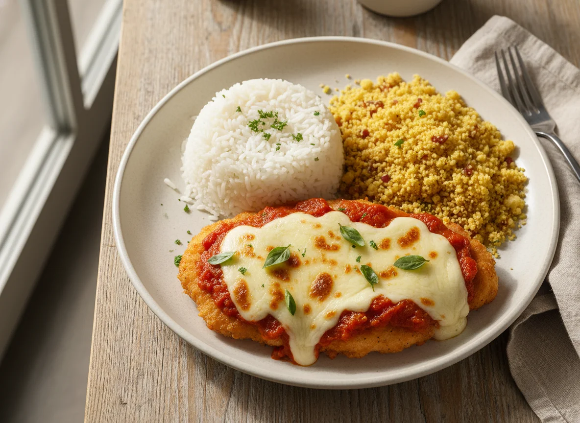 Frango à parmegiana com arroz e farofa photo