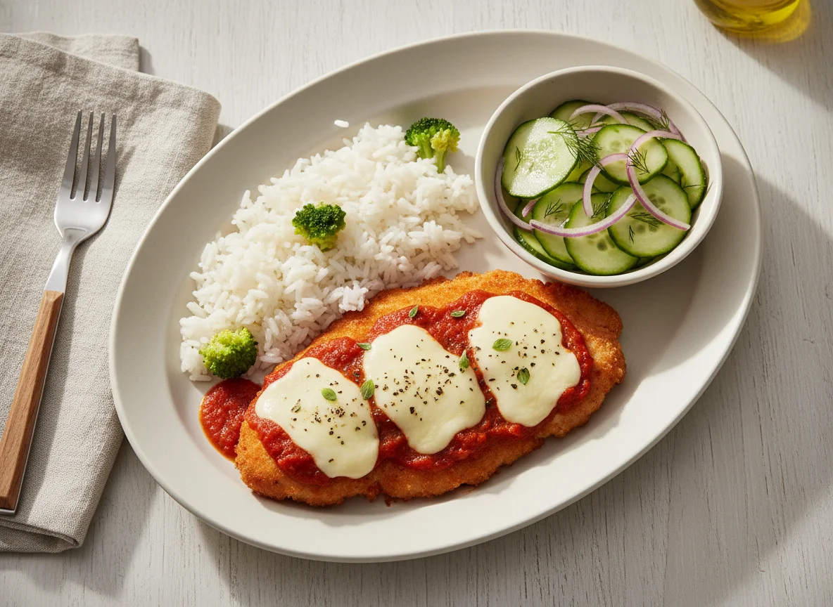Frango à Parmegiana com Arroz e Salada de Pepino photo