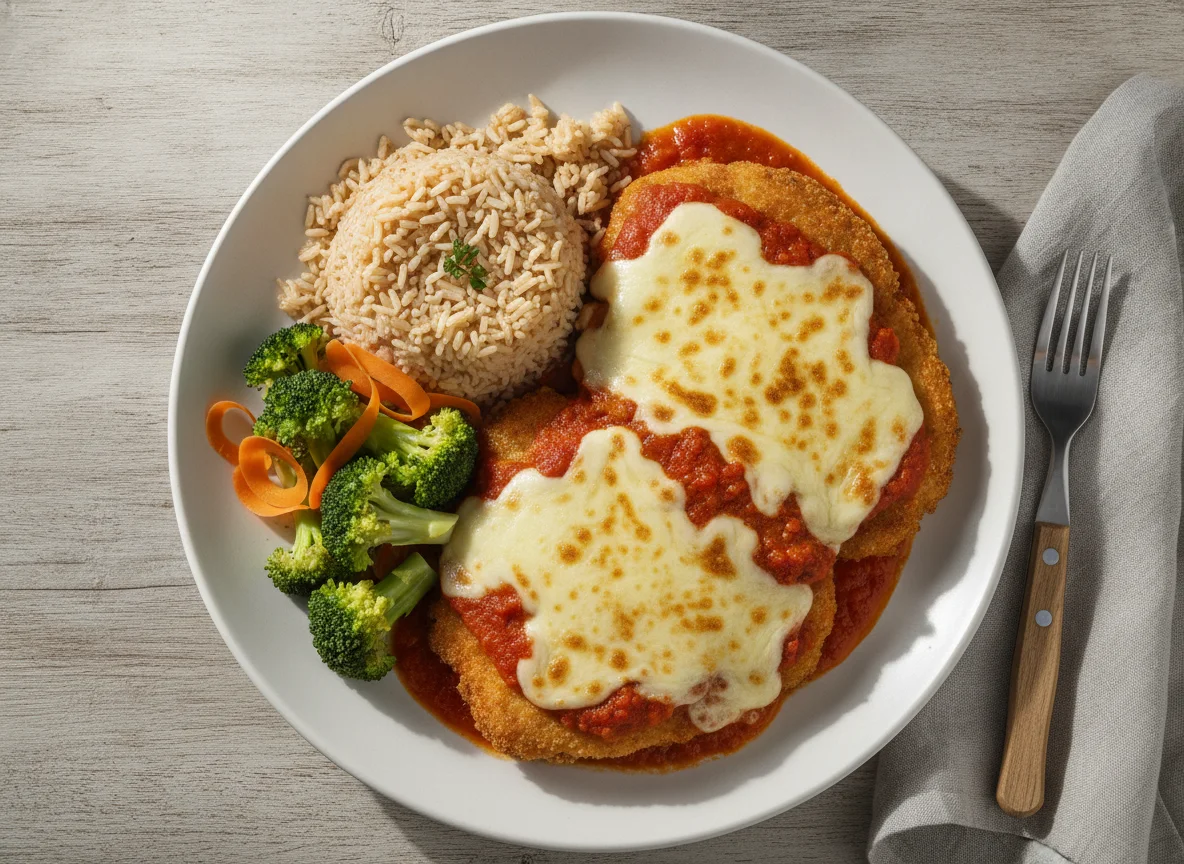 Frango à Parmegiana com Arroz Integral e Brócolis photo