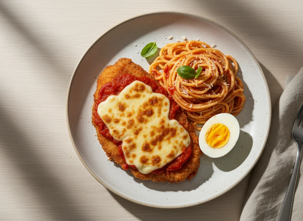 Frango à parmegiana com espaguete e ovo cozido photo
