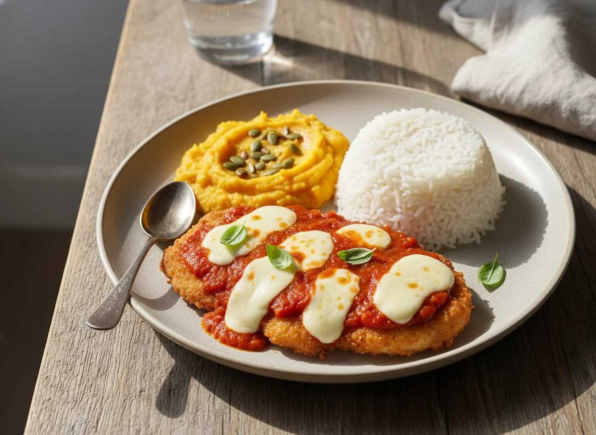 Frango à Parmegiana com Purê de Abóbora e Arroz photo