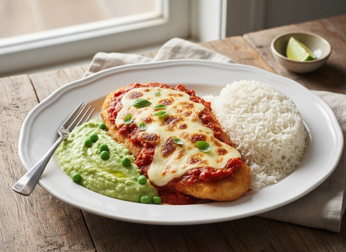 Frango à Parmegiana com Purê de Ervilha e Arroz photo