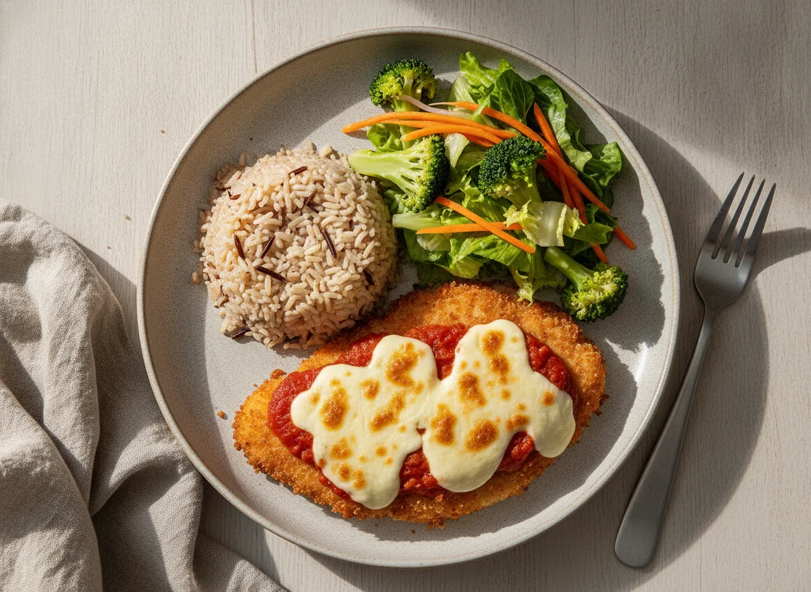 Frango à parmegiana na airfryer com arroz integral e salada photo